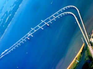 Aerial view of the Chesapeake Bay Bridge leading to Kent Island, Maryland
