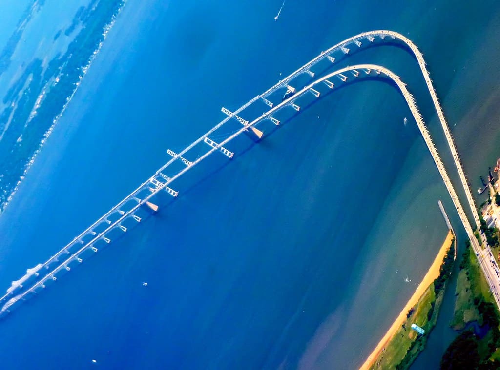 Aerial view of the Chesapeake Bay Bridge leading to Kent Island, Maryland