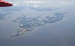 Aerial view of Kent Island surrounded by the Chesapeake Bay in summer