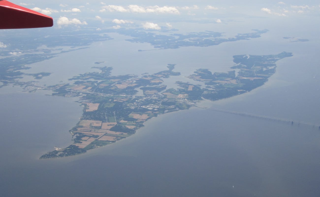 Aerial view of Kent Island surrounded by the Chesapeake Bay in summer