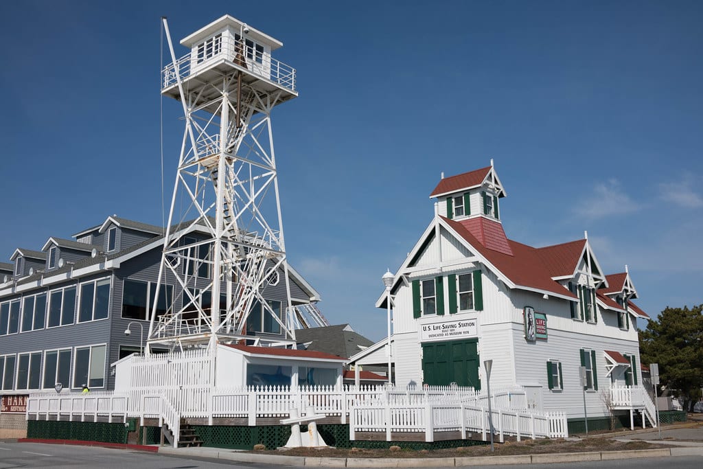 The historic Ocean City Life-Saving Station Museum building and lookout tower on the boardwalk
